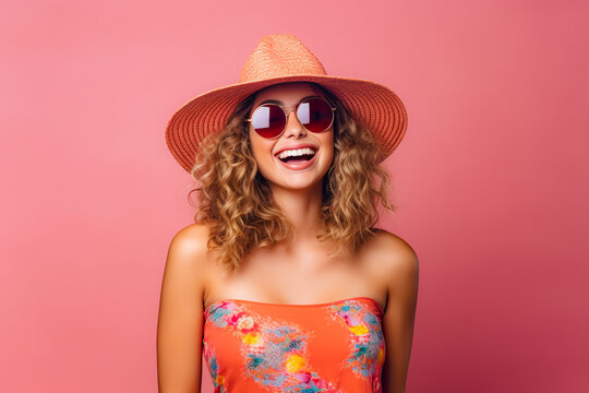 Summer Happy Woman: Enthusiastic Posing with Curly Hair, Stylish Hat, and Joyful Smile - Emotionally Trending Colors for Positive, Fashionable Female Design Background. Generative AI