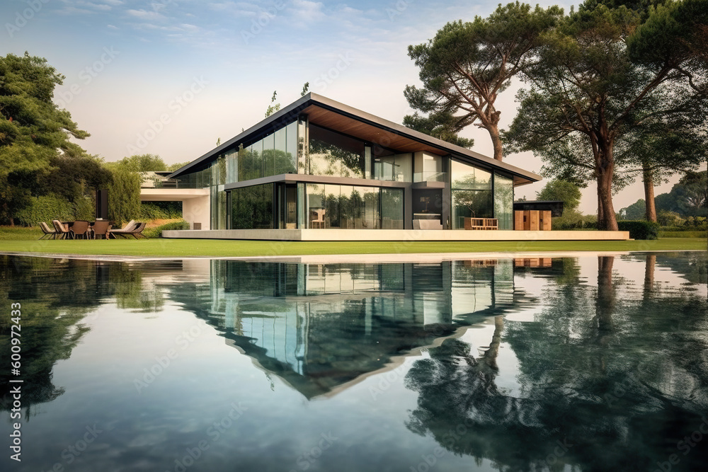 Poster a house with a pool in front of it. generative ai.