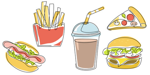 One continuous line drawing of fast food: burger, hot dog, milkshake, french fries, pizza in line art drawing style. Takeout food, street food linear color sketch for menu banner poster Vector doodle