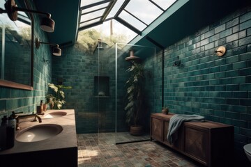 3d render of green bathroom with plants and shower area