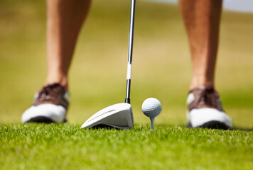 Closeup of ball, athlete and club on golf course in contest, competition challenge and target...
