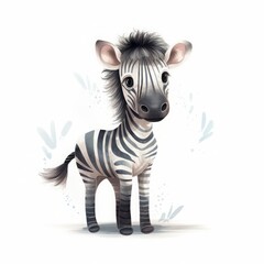 Illustrated baby zebra foal for nursery room. Generative AI