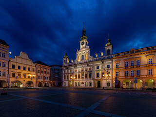 Fototapeta na wymiar Baroque Town Hall in Ceske Budejovice at night. It is located on Premysl Otakar II Square and is part of the town's conservation area. Original Renaissance building was built in 16th century.