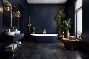 Luxurious 3D Rendered Bathroom in Royal Blue Tones with Designer Touches, Freestanding Bathtub, and LED Highlights..