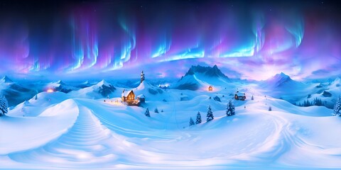 HDRI,  Skybox, winter snow mountain, aurora night sky, created using generative AI. Stylized 