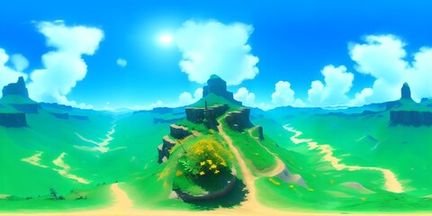 HDRI,  Skybox, Spring Mountain with greens, day time in the forest, created using generative AI. Stylized