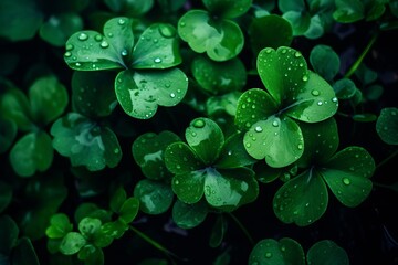 a bunch of clover leafs surrounded by drops of rain water. Generative AI.