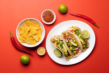 Mexican food featuring tacos, nachos