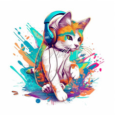 A cat with headphones sitting on a floor. Generative AI. Clip-art on white background