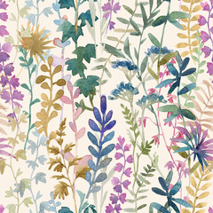 Beautiful floral seamless pattern with hand drawn watercolor wild herbs and flowers. Stock illustration.