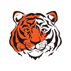 orange and white tiger head with black stripes, vector logo icon