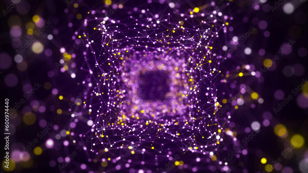 Poster Abstract particle flow in cyberspace. Futuristic 3D portal. Digital technology web flow. Big data visualization. 3d rendering.