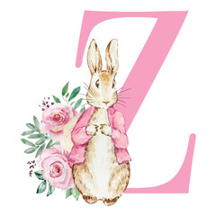 Pink letter Z with watercolor peter rabbit and flowers