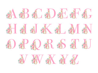 Pink letters alphabet with watercolor peter rabbit and flowers © SvetaArt