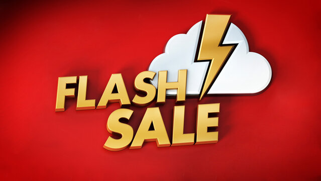Flash sale text, cloud and lightning icon. 3D illustration