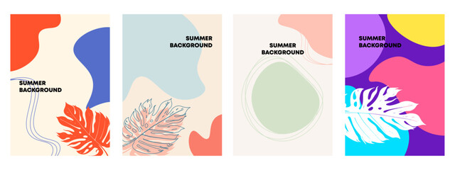 Fototapeta na wymiar Set of summer background. Abstract Boho art with leaf, line and fluid wavy shapes. Templates for celebration, ads, branding, banner, cover, label, poster, sales
