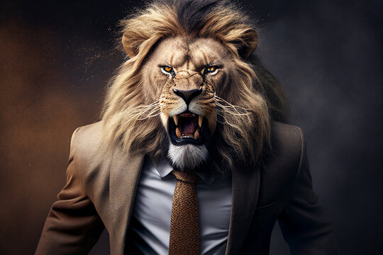 a lion roars in a business suit,angry businessman yelling, businessman lion head, Generative AI