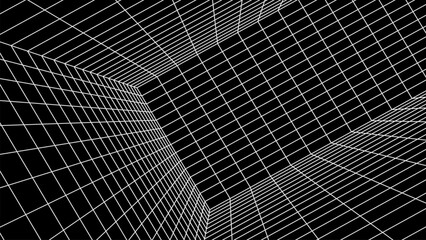 Naklejka premium White 3d wireframe room on black background. Abstract perspective grid. Vector illustration.