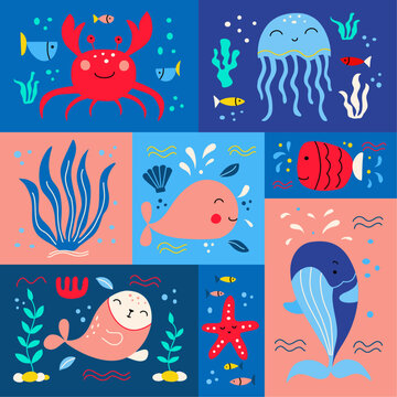 Graphic poster with cute funny sea animals. vector gaphics for prints on pillows mugs bags postcards. Bright summer illustration perfect for childrens parties. © Irina