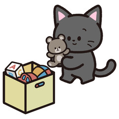 おもちゃの片付けをする黒猫