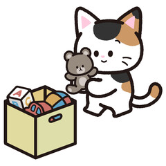 おもちゃの片付けをする三毛猫