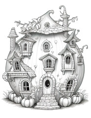 A black and white drawing of a pumpkin house. Generative AI.
