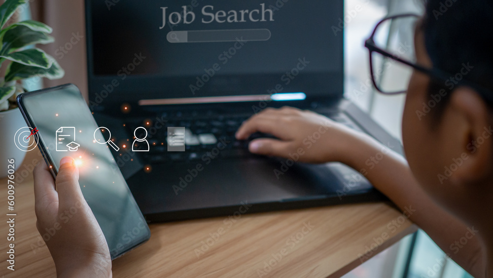 Poster human holding smart phone and using computer laptop to job search on online internet. applying for a