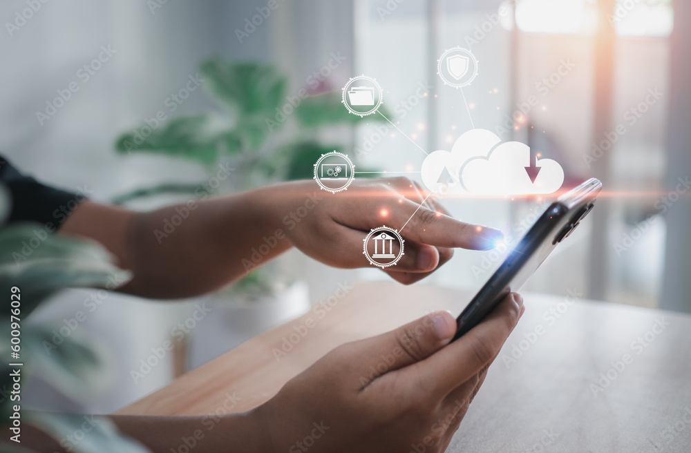 Poster cloud computing concept, connect communication equipment information and technology with cloud compu