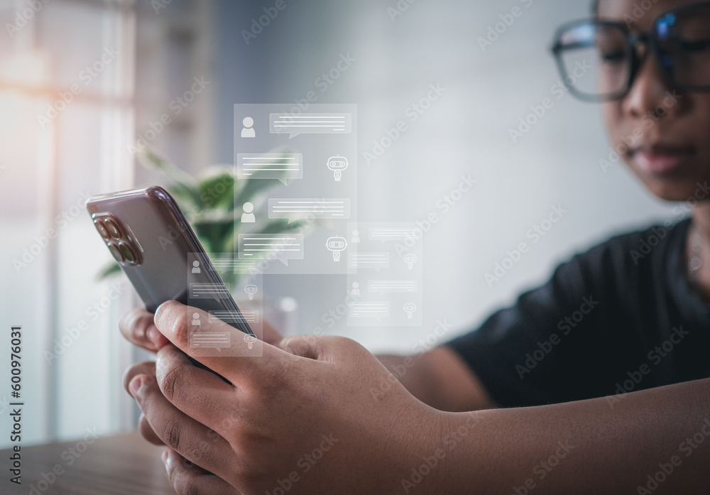 Poster a boy's hand uses a smartphone to type live chat, ask, answer with an artificial intelligence system
