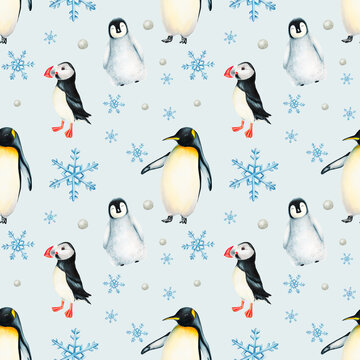 Watercolor winter seamless pattern with king penguins under snowflakes and puffin birds isolated. Hand painting realistic Arctic and Antarctic ocean mammals. For designers, decoration, postcards, w