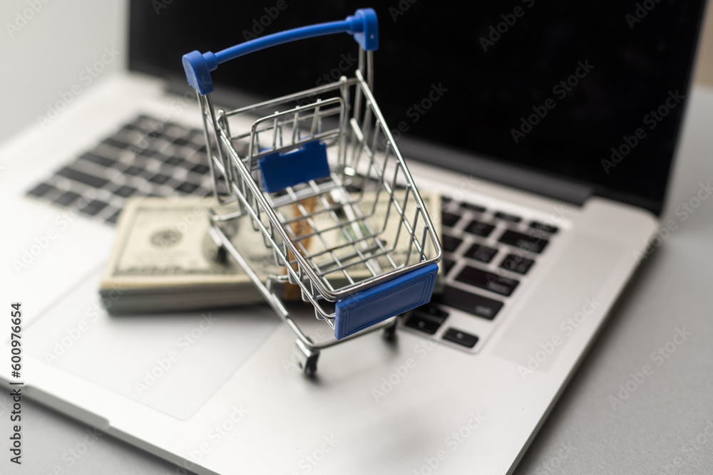 Wall mural banknote in mini shopping cart on white table with keyboard computer background.