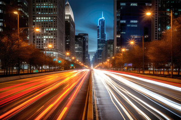 A bustling cityscape at night with streams of headlights and taillights from passing cars, long exposure - Generative AI