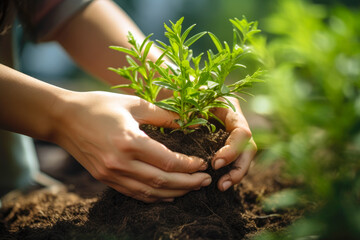 Fototapeta premium A close-up of the woman's hands as she carefully tucks a plant into the soil - Generative AI