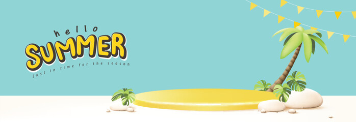 Summer travel poster banner with yellow product display podium summer tropical beach scene design background
