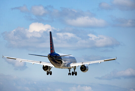 Geneva, Switzerland, Europe, Rear view of Brussels Airlines - Airbus passenger jet liner landing in Geneva airport - Cointrin