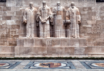 statues of prominent reformers - Calvin, Farel , Beze and Knox, reformation wall, Bastions park, Geneva, Switzerland, Europe - obrazy, fototapety, plakaty