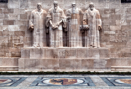 statues of prominent reformers - Calvin, Farel , Beze and Knox, reformation wall, Bastions park, Geneva, Switzerland, Europe