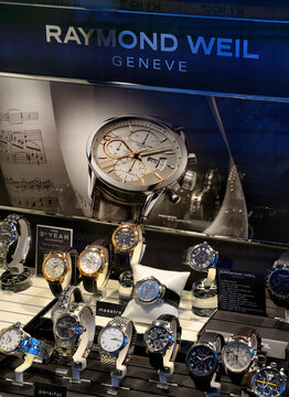 Geneva, Swtzerland, Europe, window display of Raymond Weil's watches collection, luxury watches manufacturer based in Geneva, boutique in pedestrian zone of old town