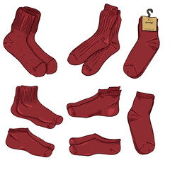 Vector Cartoon Set of Different Style Socks. Red Color