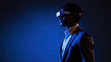 A person in a futuristic virtual reality headset, interacting with a virtual reality environment. Gen AI	

