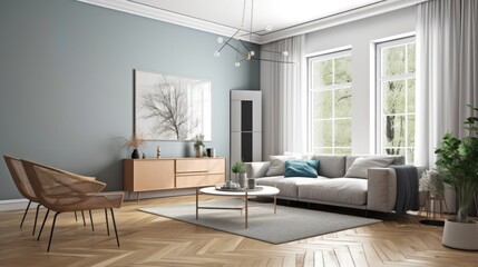 Scandinavian Living Room Background. Stylish Interior Design. Generative AI.
