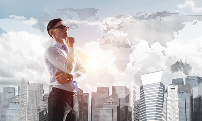 Concept of business success and control with confident boss against cityscape background