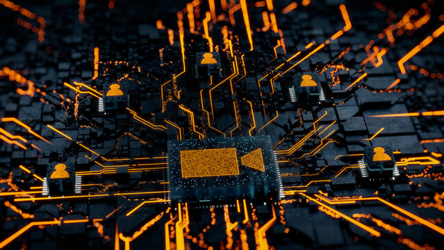 Video camera Technology Concept with Recording symbol on a Microchip. Orange Neon Data flows between Users and the CPU across a Futuristic Motherboard. 3D render.