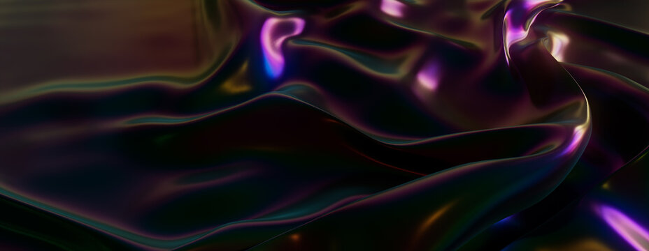 Dark Liquid with Colorful Neon Highlights. Wavy Texture Wallpaper.