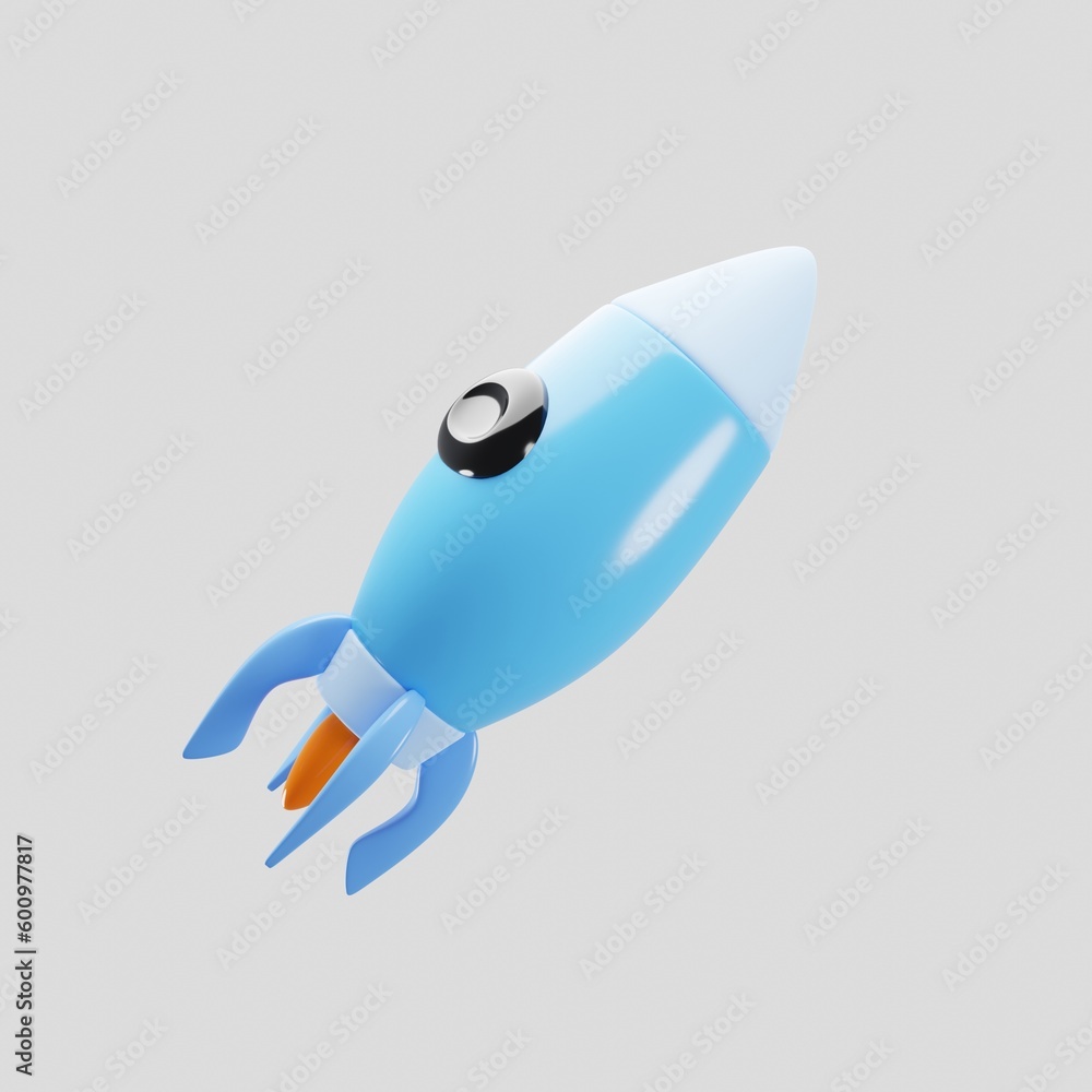 Poster 3d rendering simple flying rocket with cartoon style. spaceship rocket launch icon concept. 3d illus