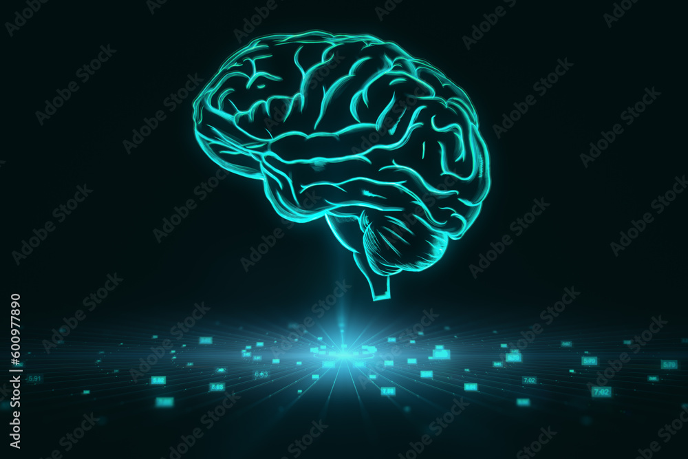 Poster Neural network, artificial intelligence and brainstorming idea concept with digital human brain with convolutions on dark background above big data visualization. 3D rendering