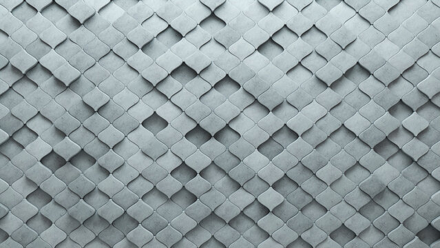 Arabesque, Futuristic Mosaic Tiles arranged in the shape of a wall. Semigloss, 3D, Blocks stacked to create a Concrete block background. 3D Render