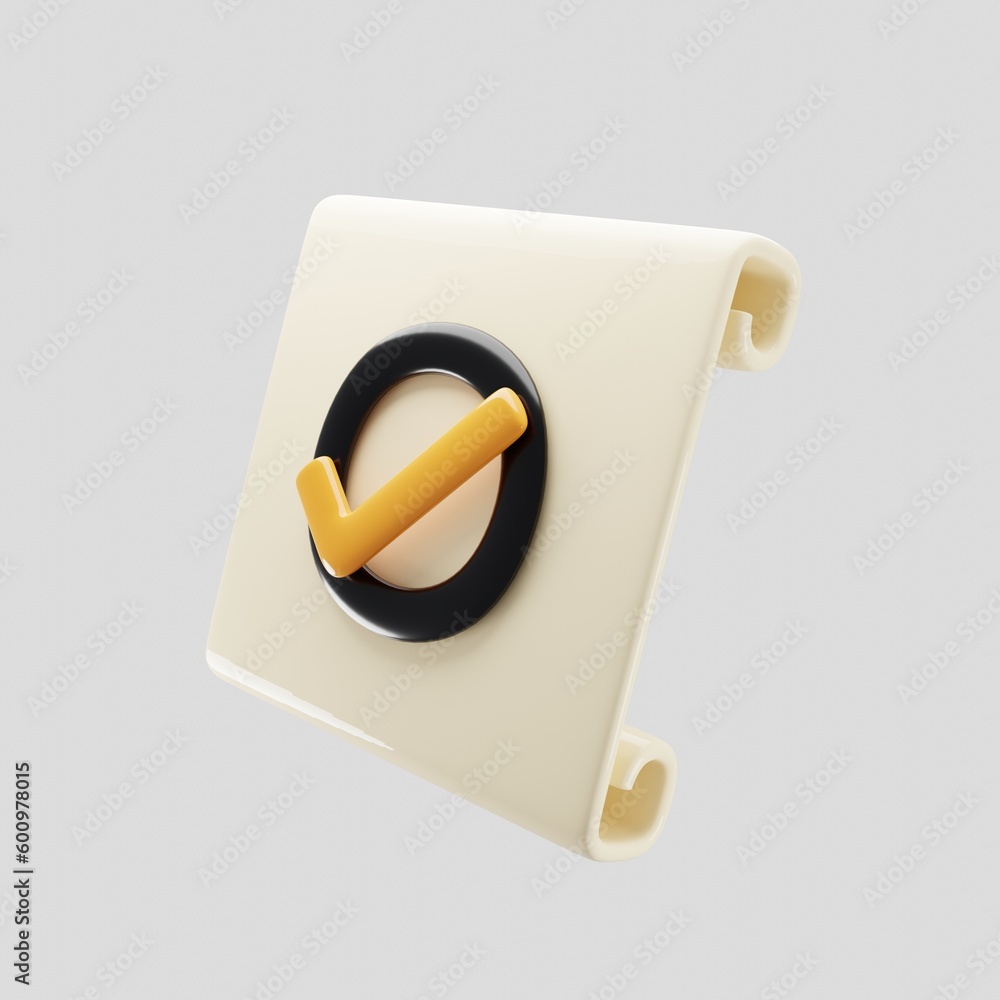 Poster scroll paper with yellow check list icon on 3d rendering. 3d illustration