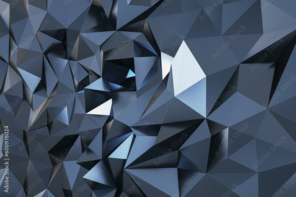 Aufkleber Perspective view on abstract dark grey and silver triangles wall in form of crystal background. 3D rendering