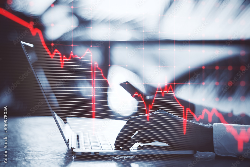 Poster Close up of male hands using laptop keyboard with falling red business graph grid on blurry background. Crisis, recession and stock market concept. Double exposure.